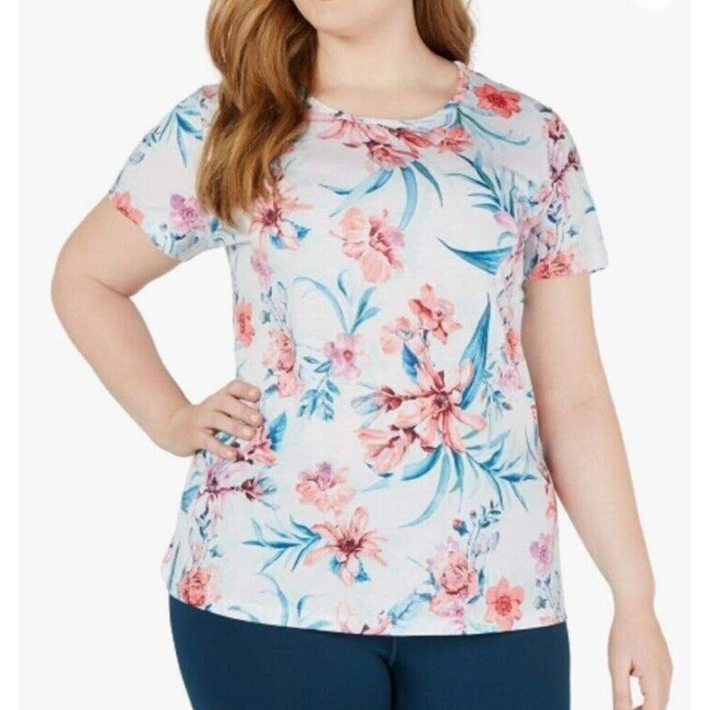 Ideology Women Plus Floral Printed Keyhole Back White T-Shirt Size XXL 2x Summer